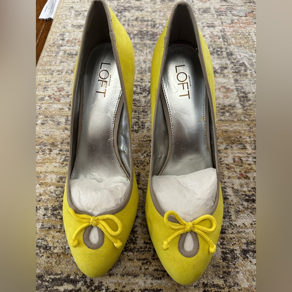 LOFT Yellow Suede Heels with Bow Detail